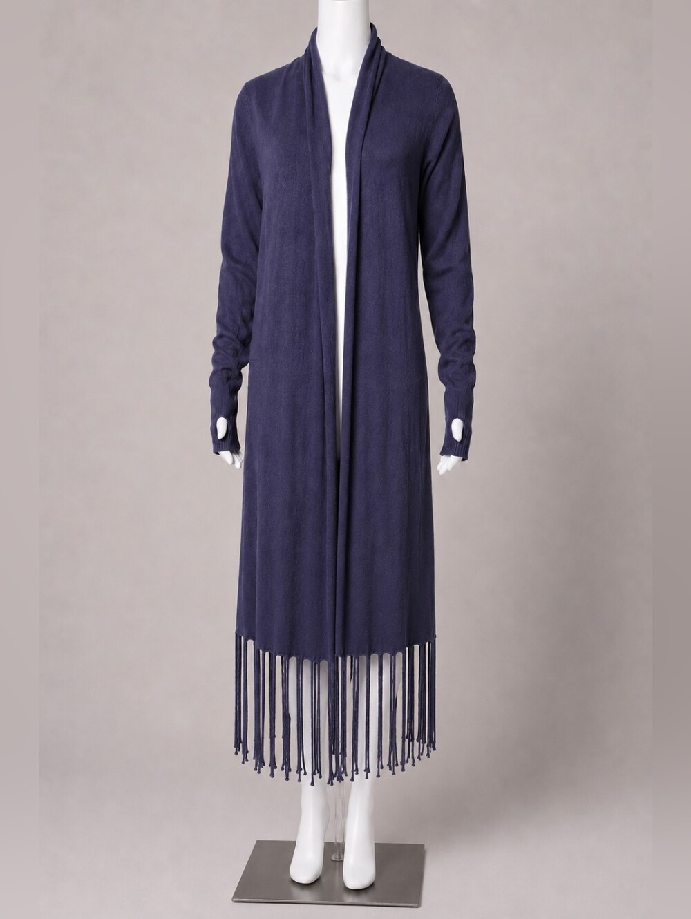 Long Navy Cardigan Fringe Open-Front Women's Sweater Small